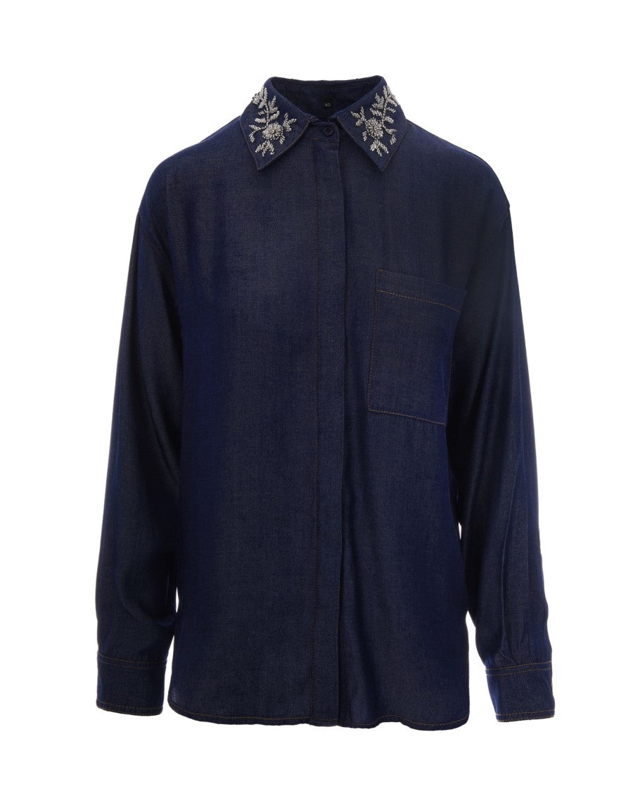 Liu Jo Chambray Denim Shirt With Removable Floral Embroidered Collar