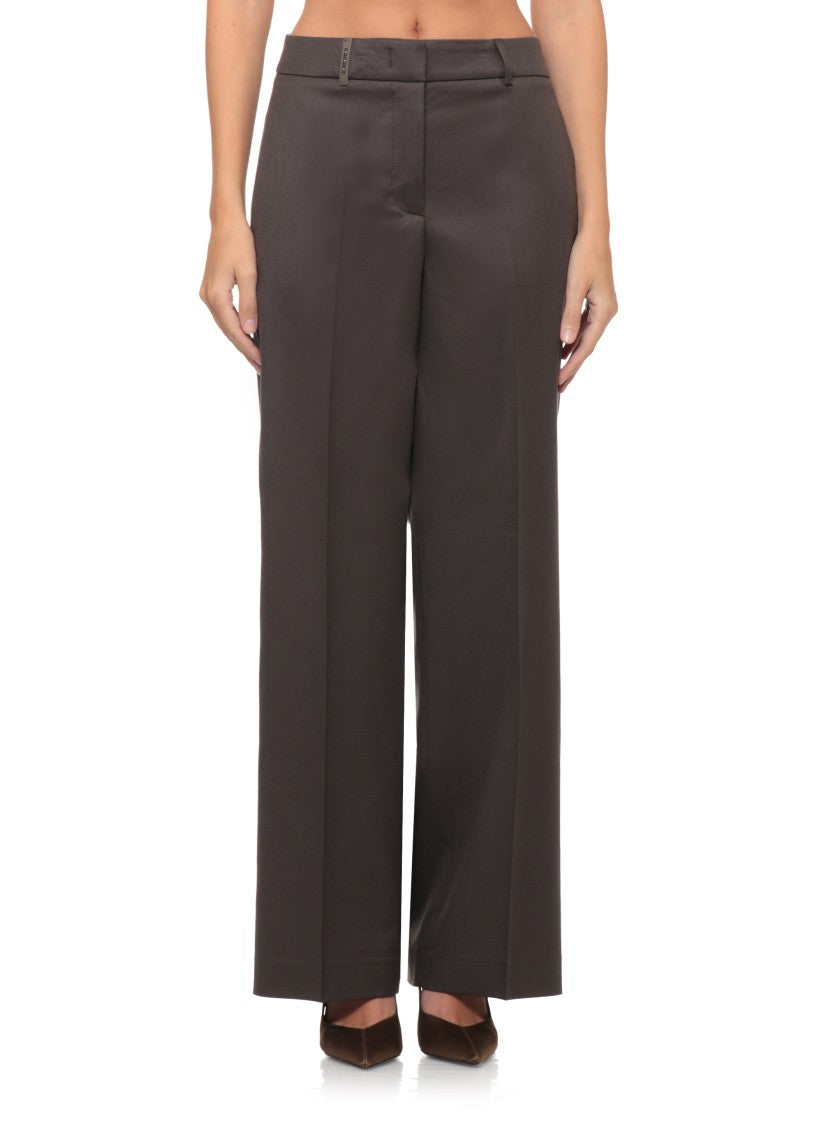 Peserico Dark Brown Wide-Leg Tailored Wool Pants