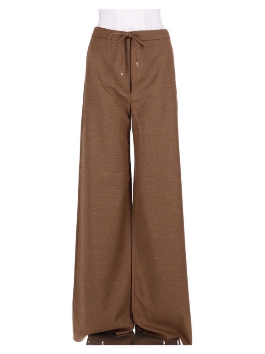 Max Mara Brown Drawstring Flowing Virgin Wool Wide-Leg Pants