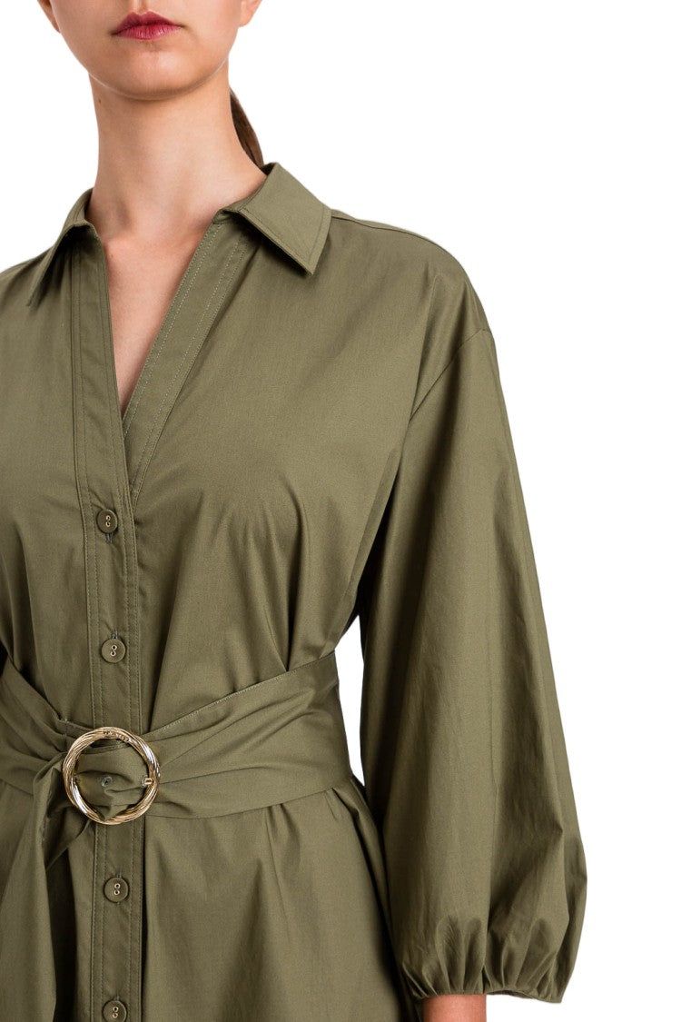 Twin-Set Puff Sleeves Circular Buckle Shirt-Style Dress