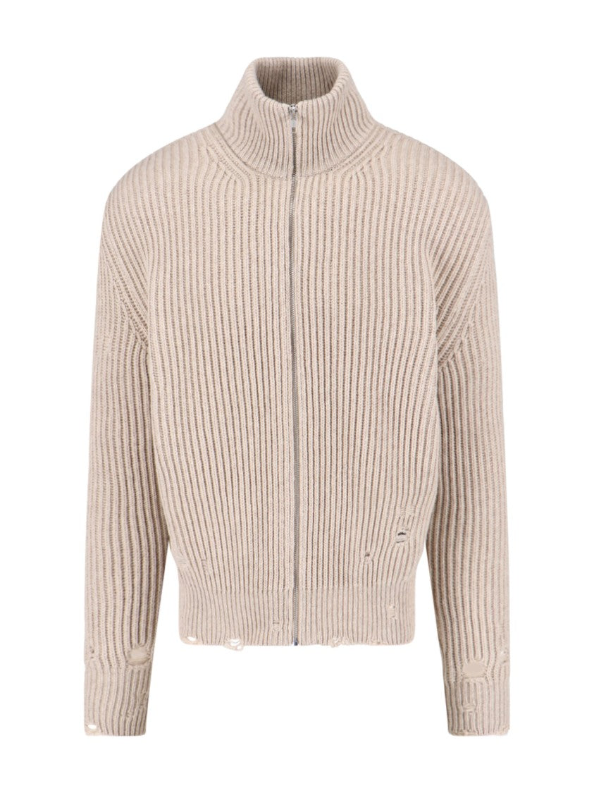 Mm6 By Maison Margiela Ribbed High-Neck Knit Sweater With Distressed Details
