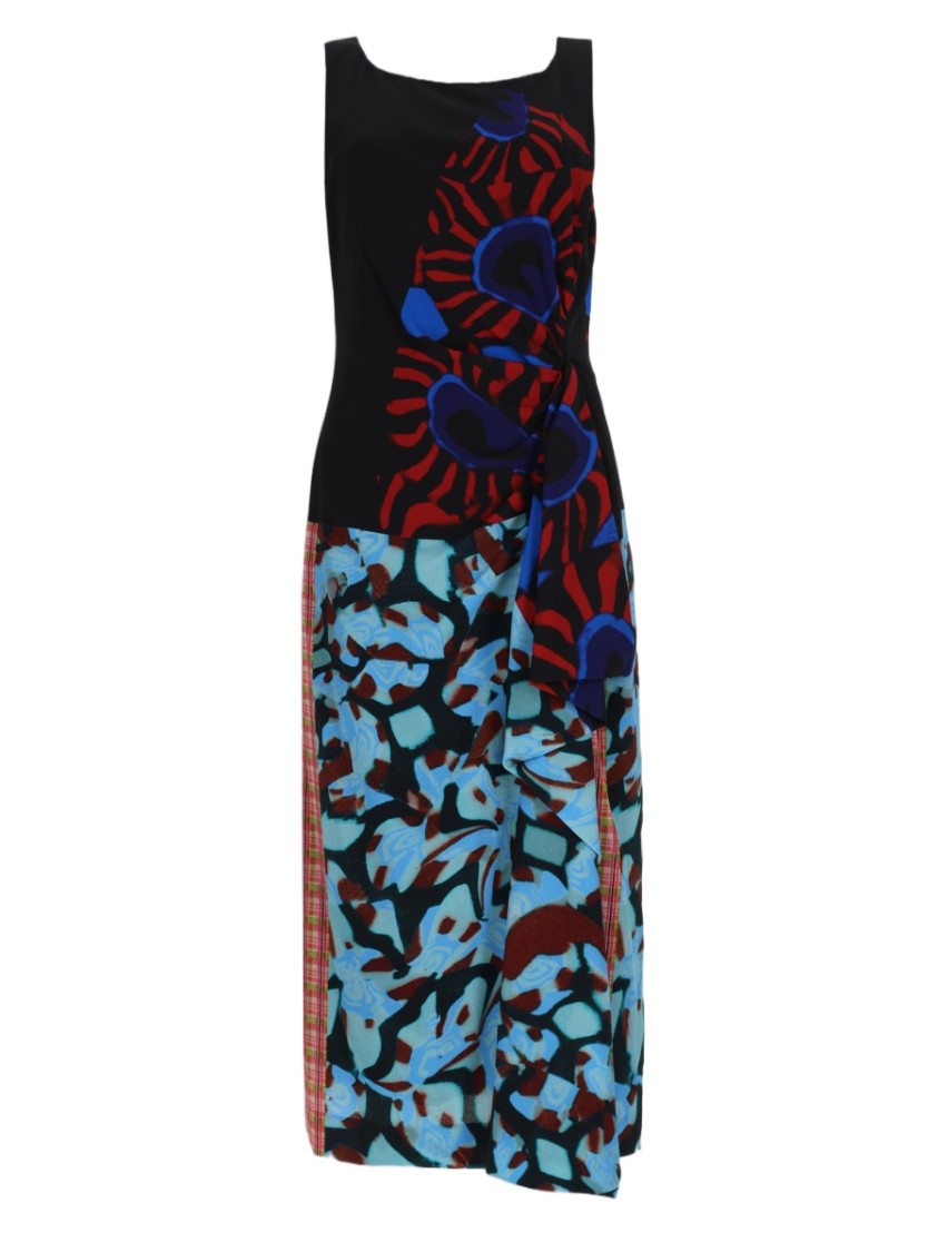 Dries Van Noten Patchwork Midi Dress With Contrasting Patterns And Fitted Silhouette