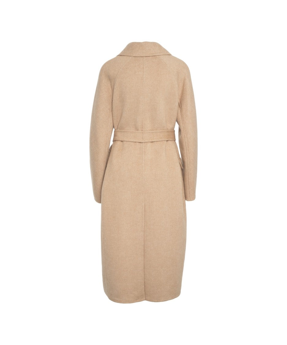 Ottod'ame Beige Long Coat With Classic Notched Collar And Waist Tie