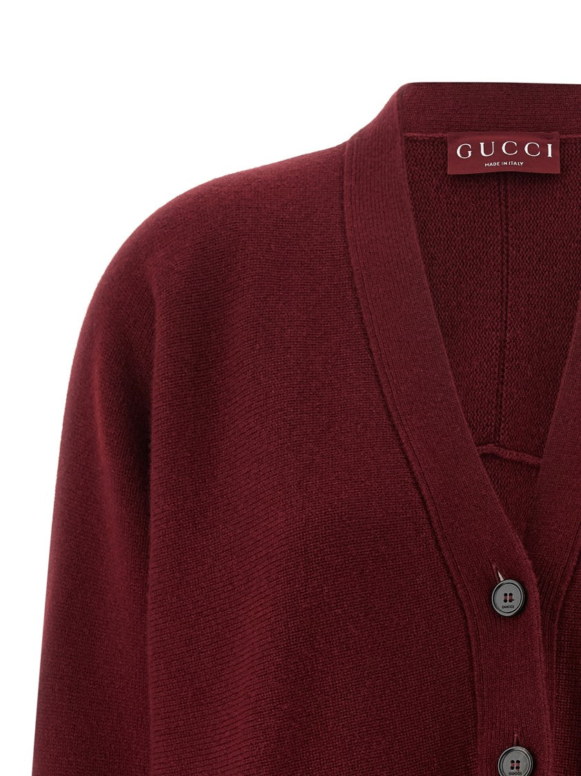 Gucci Comfort Fit Burgundy Cardigan With Trompe L'oeil Pockets