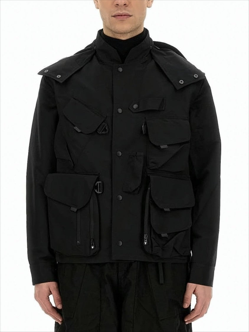 South2 West8 Structured Black Utility Jacket With Layered Design