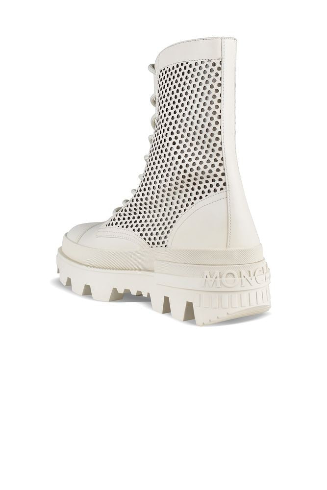 Moncler Beige Leather Perforated Ankle Boots With Lace-Up Design