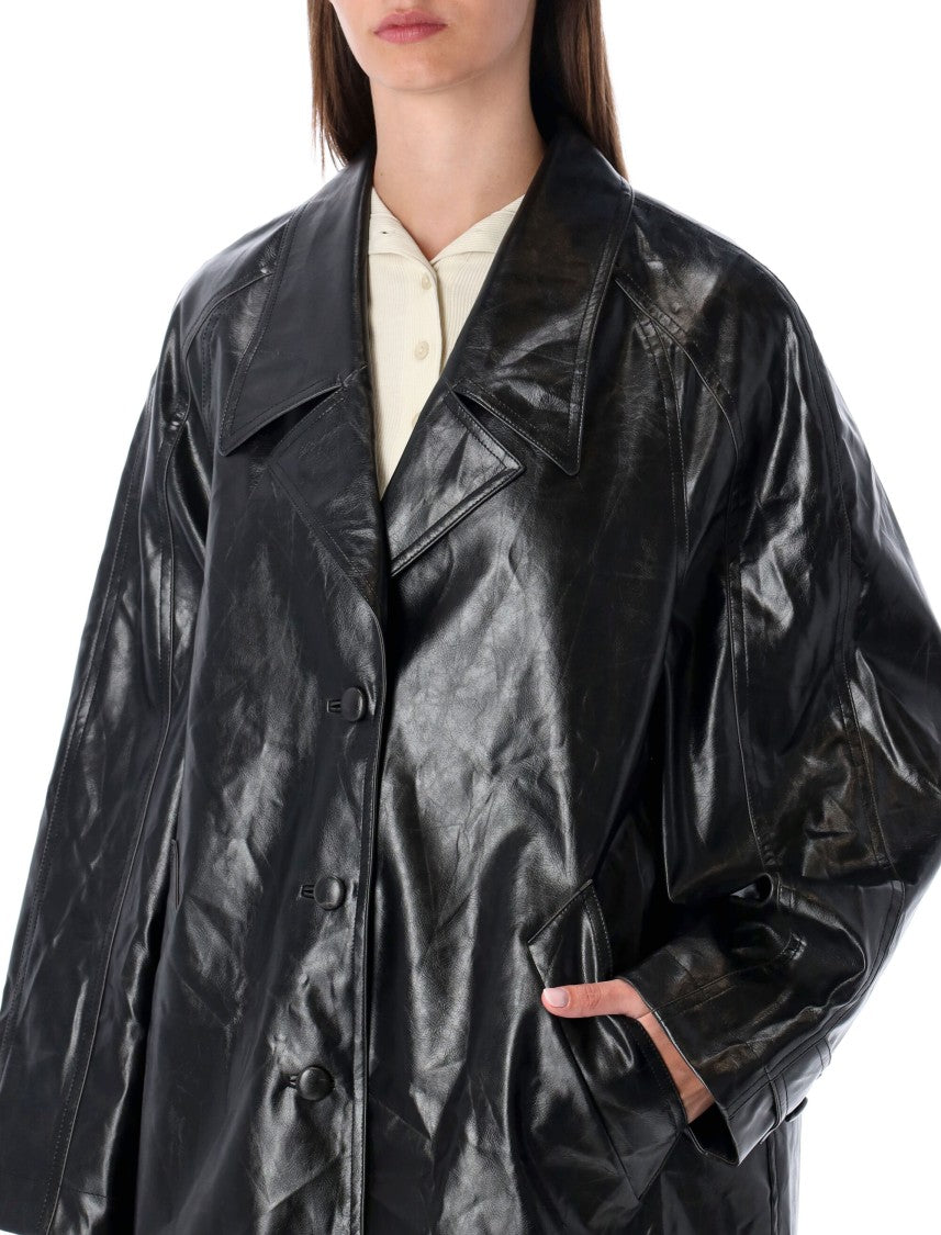 Low Classic Oversized Black Faux Leather Coat