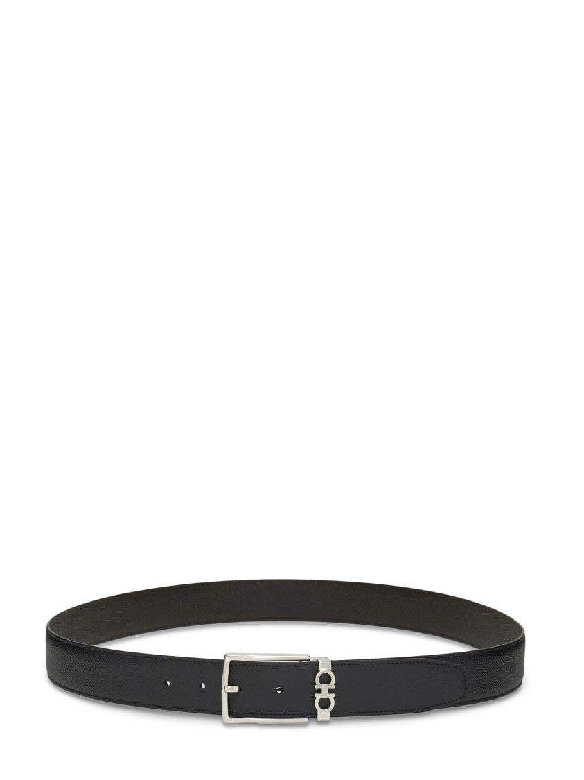 Ferragamo Reversible Belt With Polished Silver Buckle And Gancini Detail