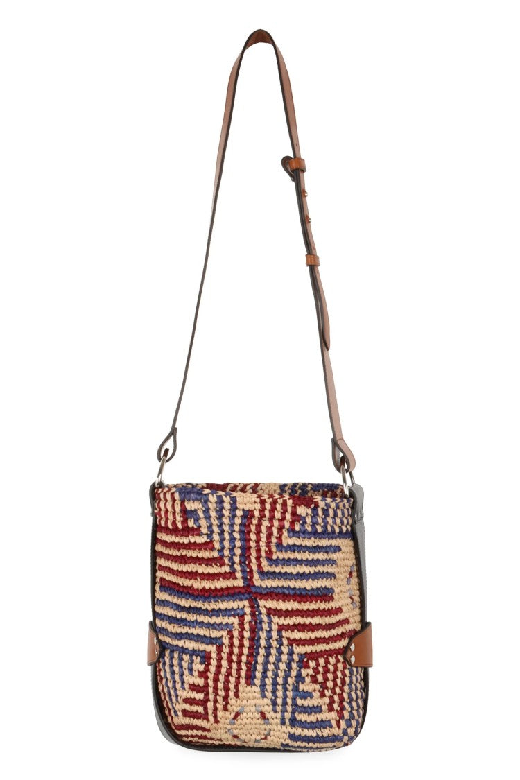 Isabel Marant Geometric Pattern Raffia Shoulder Bag With Leather Accents