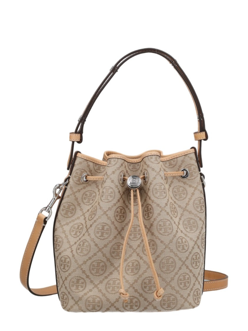 Tory Burch Structured Bucket Bag With Drawstring Closure And Monogram Detail
