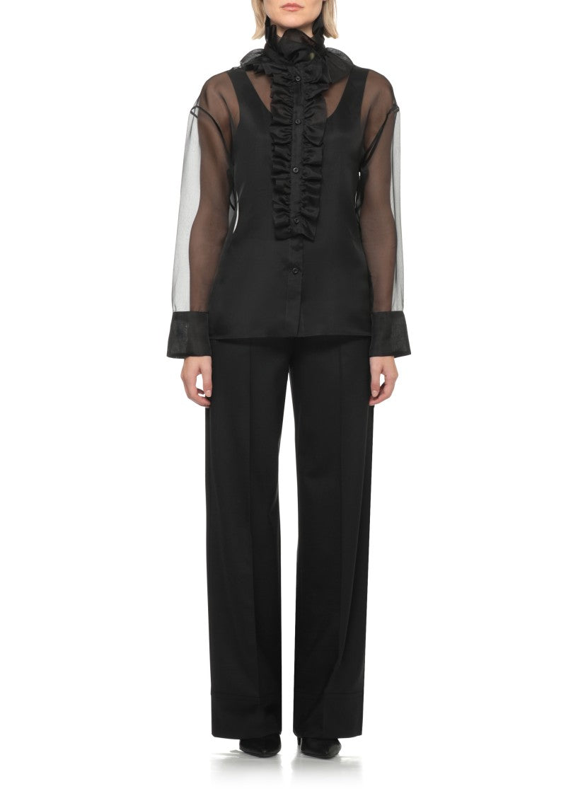 D. Exterior Black Sheer Silk Ruffled Jabot Shirt