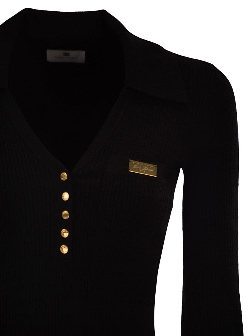 Elisabetta Franchi Micro-Cable Knit Polo Shirt With Gold Accents