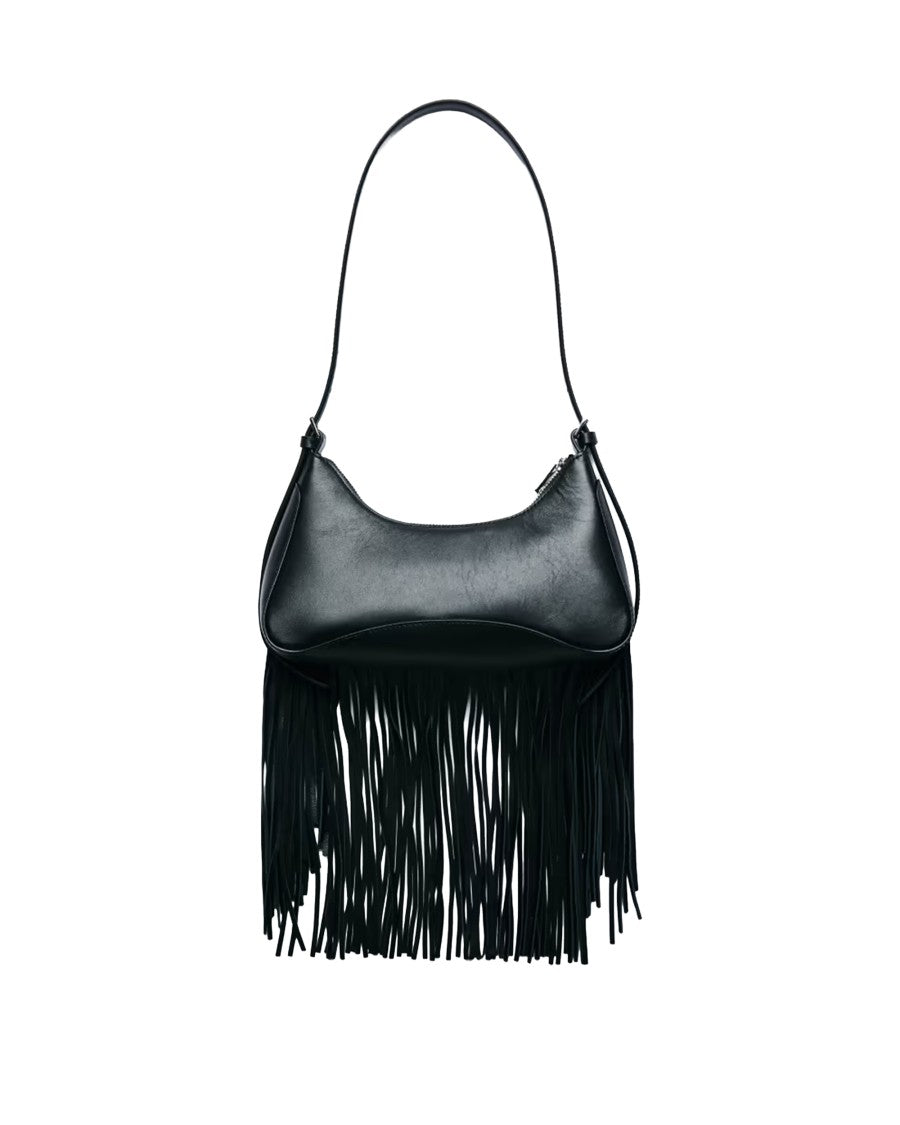 Patrizia Pepe Black Calf Leather Fringed Shoulder Bag