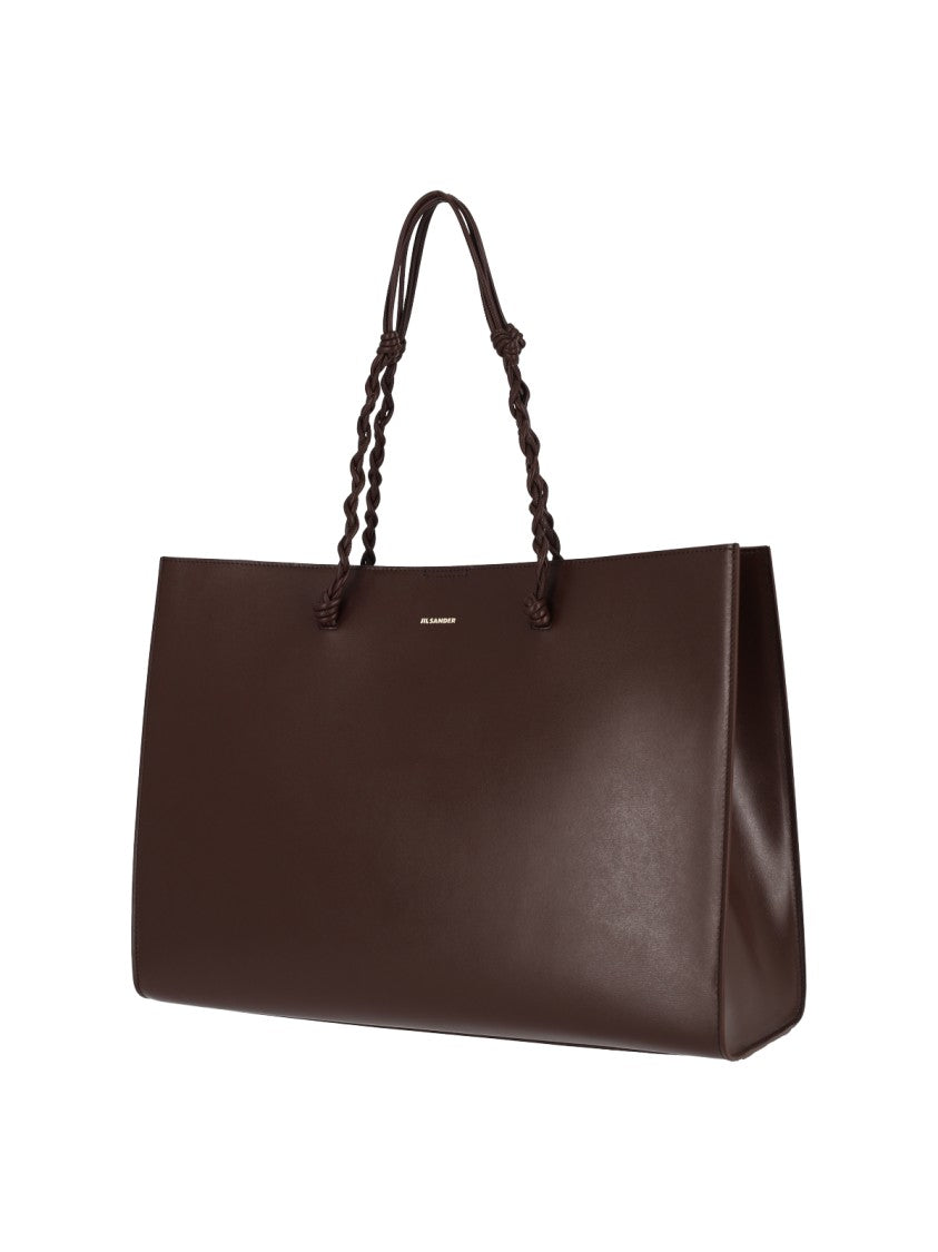 Jil Sander Braided Handle Brown Leather Tote With Gold Logo
