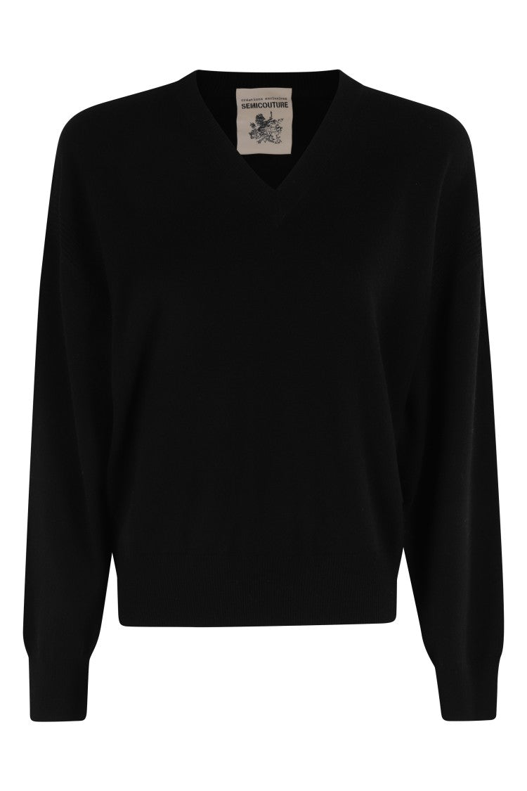 Semi Couture V-Neck Black Sweater With Long Sleeves