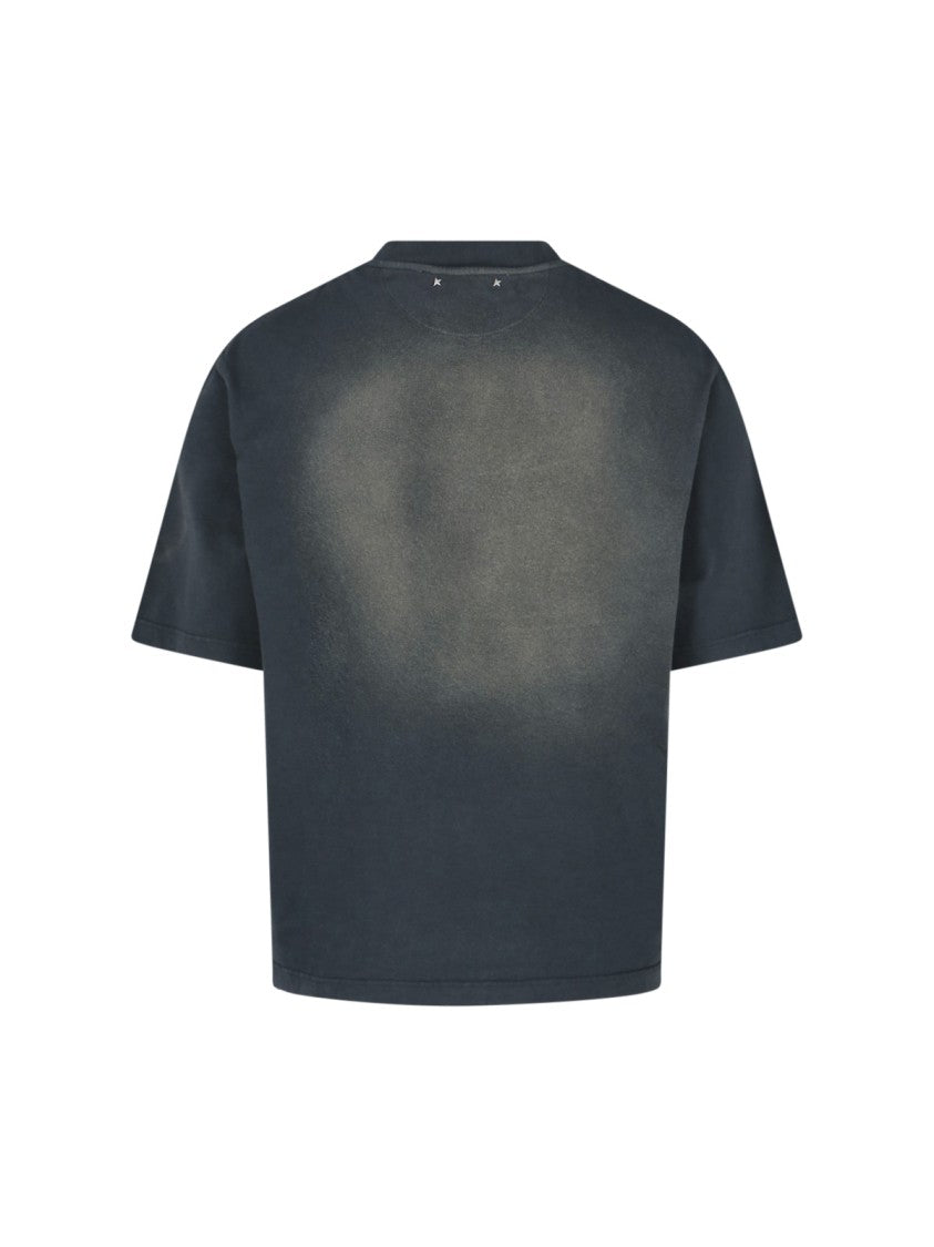 Golden Goose Worn-Finish Black Cotton T-Shirt With Ribbed Trims