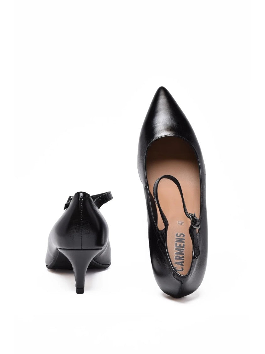 Carmens Black Strap Leather Pointed Toe Pumps