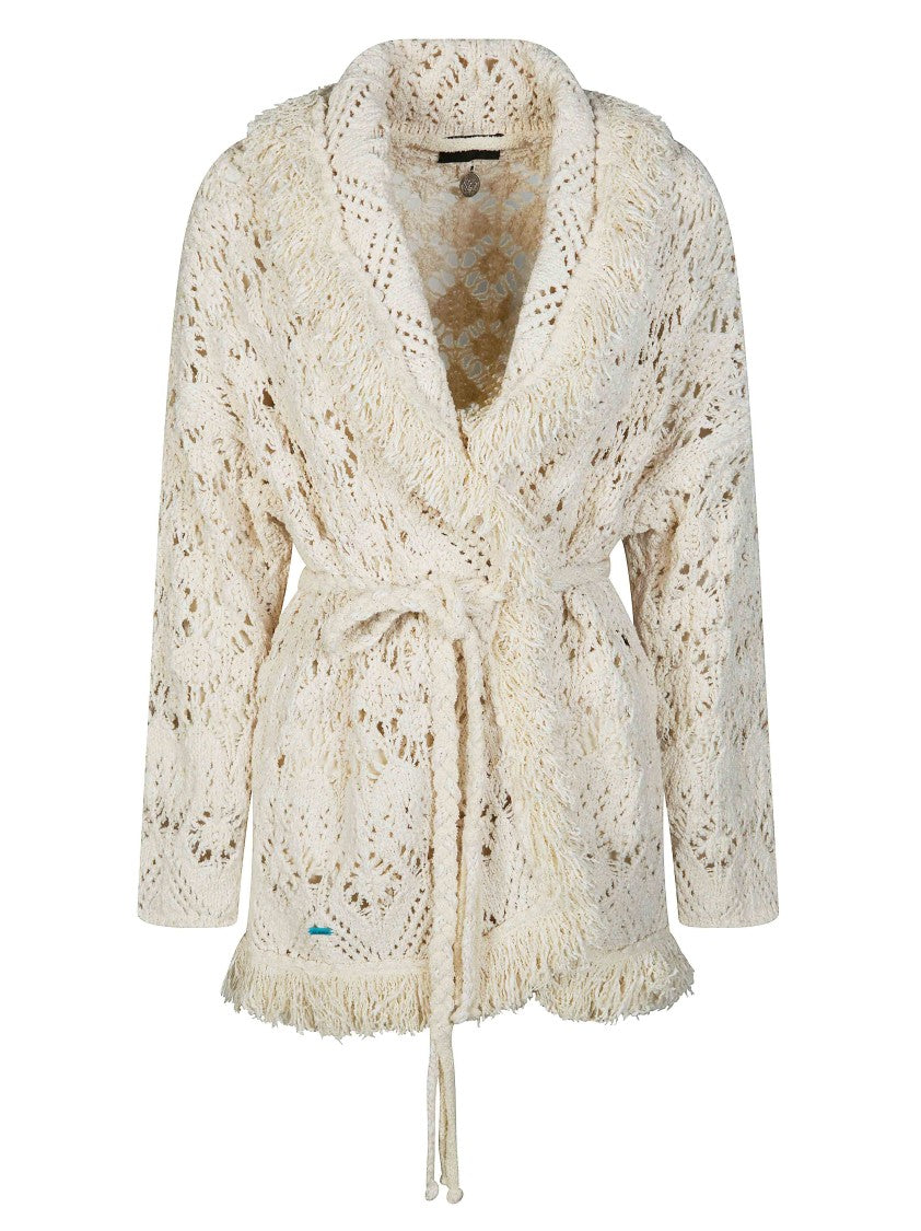 Alanui Neutral Open Knit Shawl Cardigan