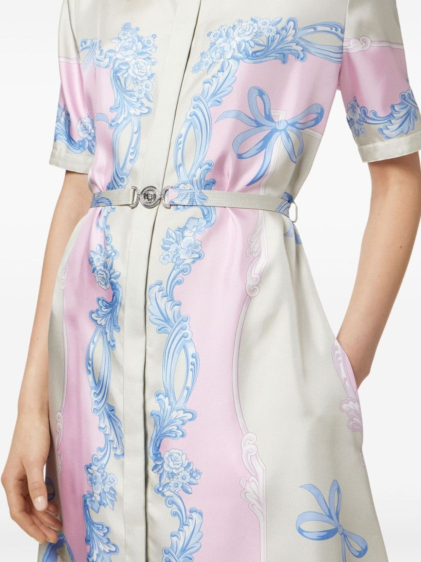 Versace Silk Twill Dress With Medusa Cameo Print And Cinched Waist