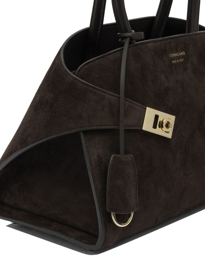 Ferragamo Structured Brown Calfskin Handbag With Gold-Finished Gancini Buckles
