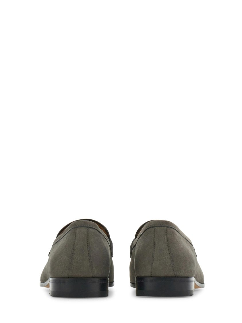 Ferragamo Grey Suede Flat Shoes With Decorative Metal Detail