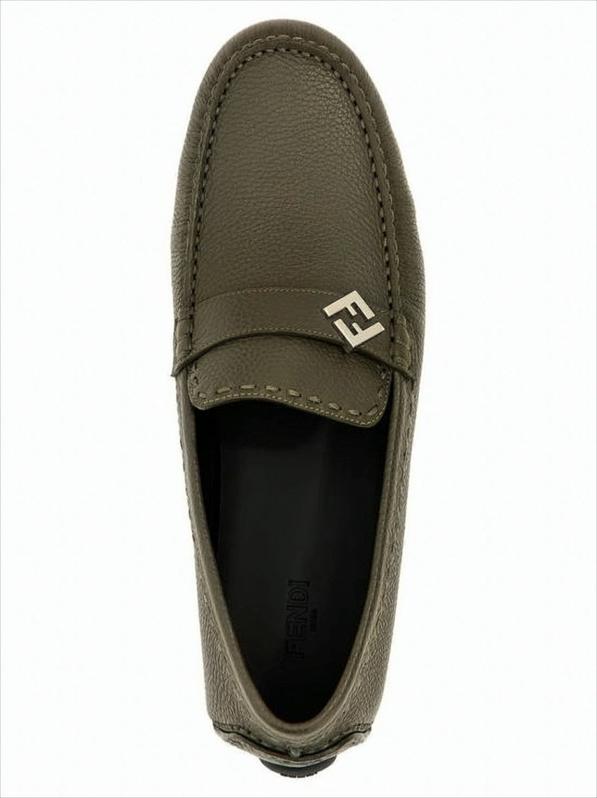 Fendi Textured Calf Leather Loafers With Metallic Logo Detail