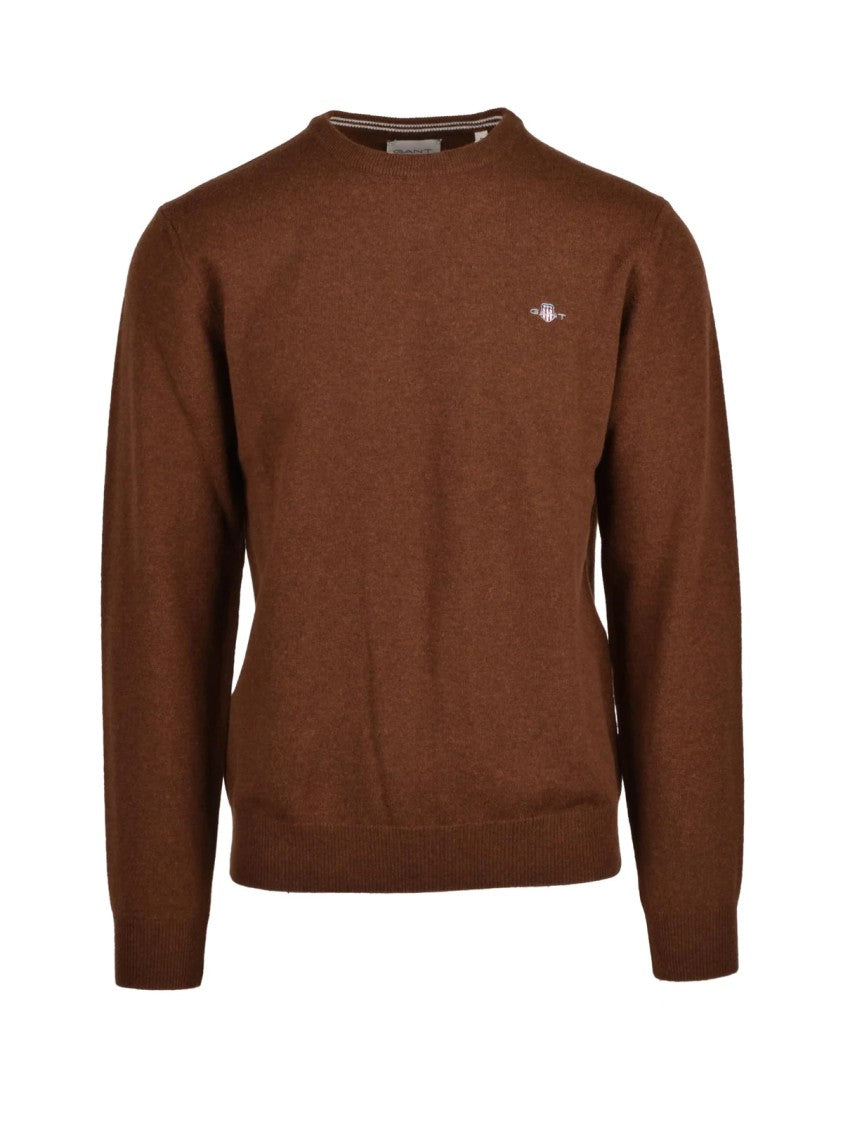 Gant Crewneck Pullover In Rich Brown Wool With Ribbed Details