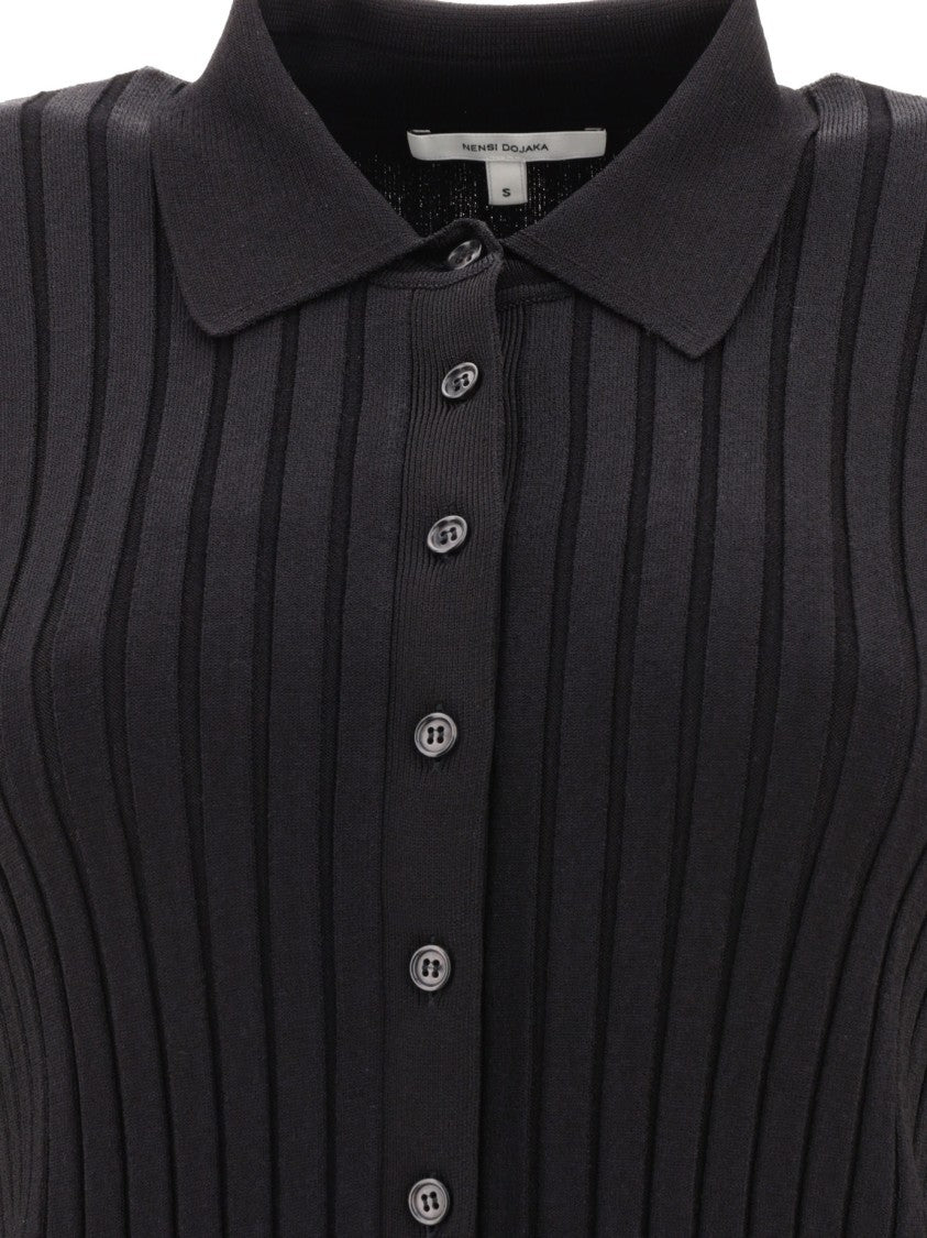 Nensi Dojaka Fitted Black Ribbed Button-Down Shirt