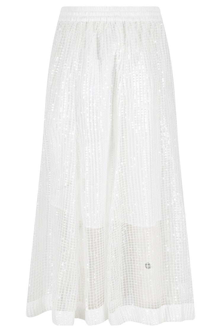 Meimei J. White Sequin Appliques Mesh Elastic Waistband Polyester Midi Skirt