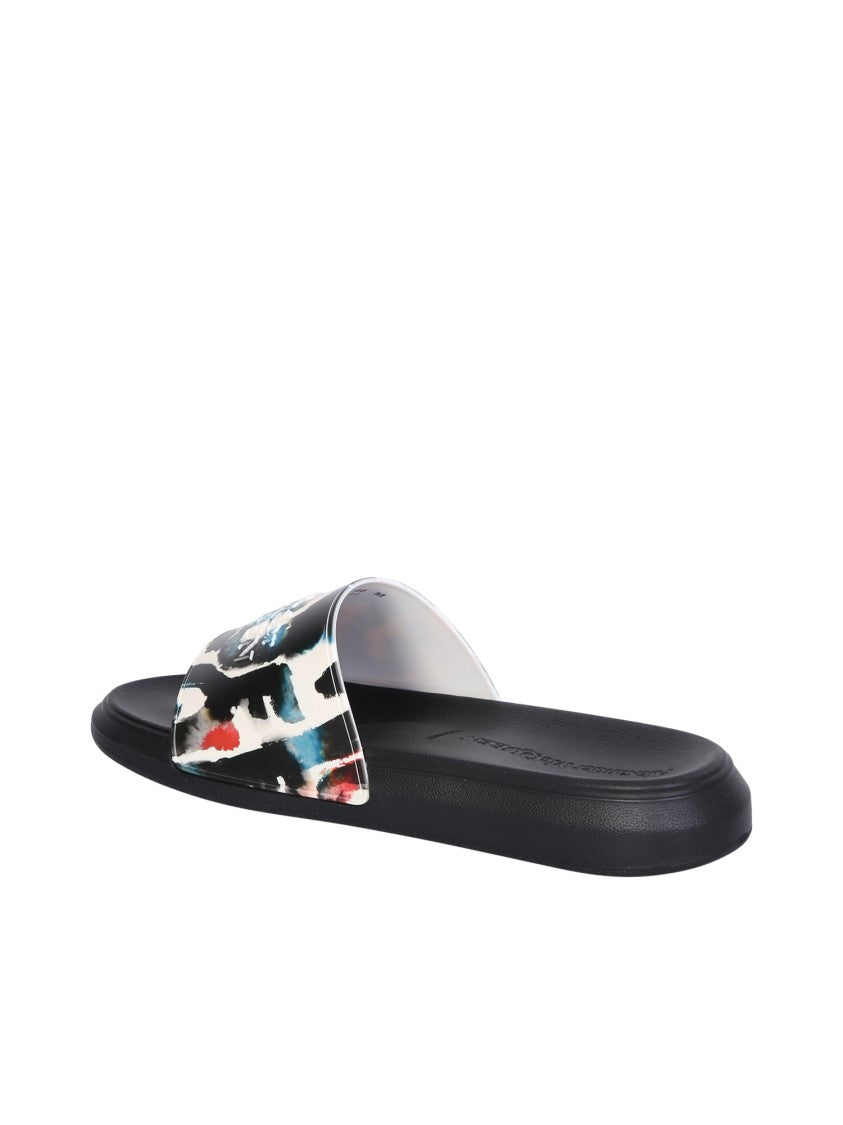 Alexander Mcqueen White Sandals With Multicolor Watercolor Graphite Print