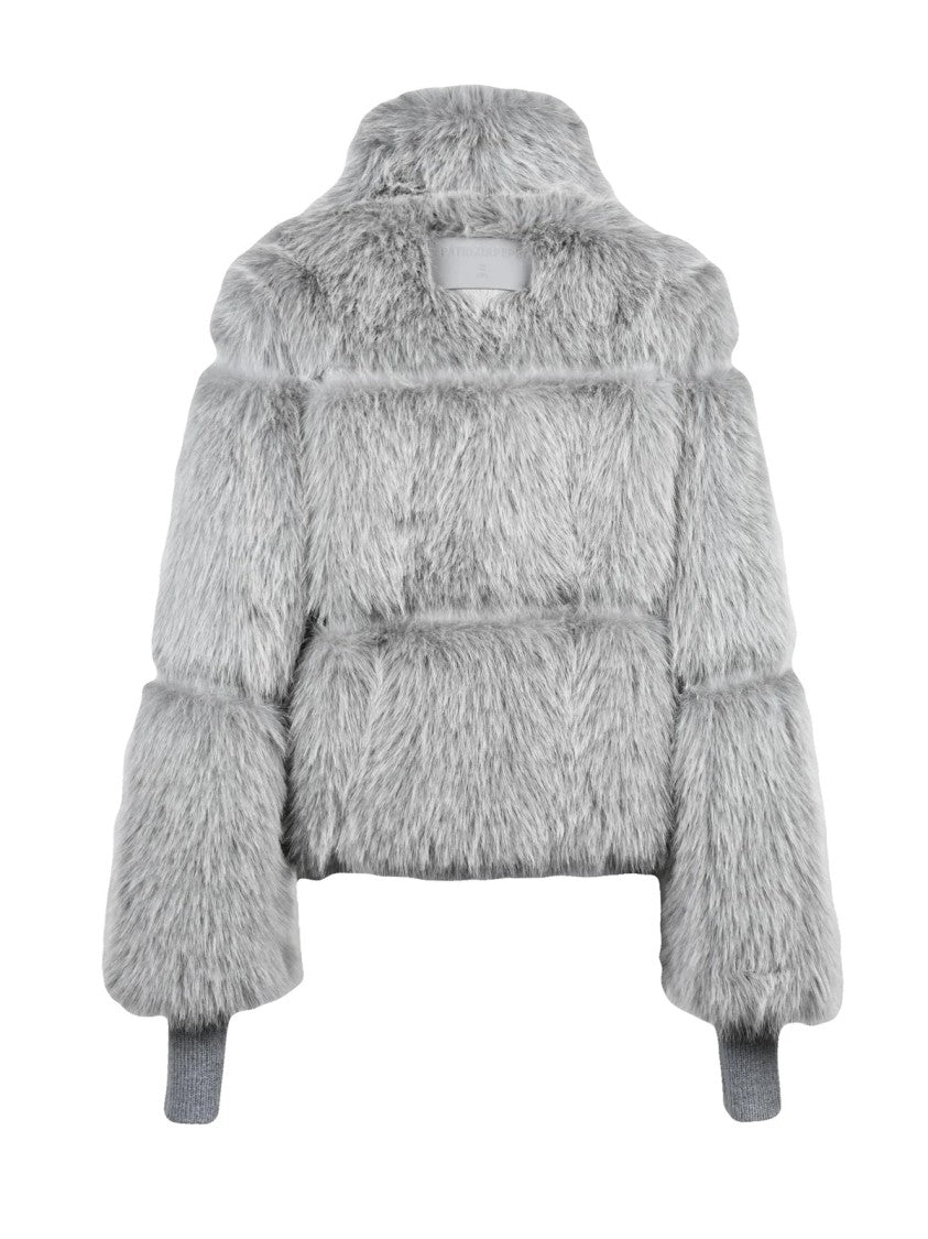 Patrizia Pepe Light Grey Polyester Snap Cropped Faux Fur Jacket