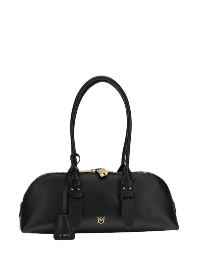 Pinko Black Calf Leather Handbag With Gold Accents