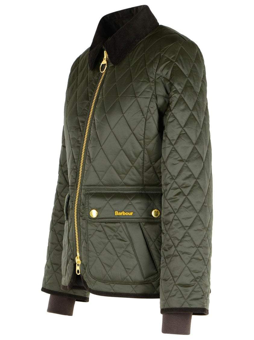 Barbour Quilted Green Polyamide Jacket With Corduroy Collar And Gold-Tone Hardware