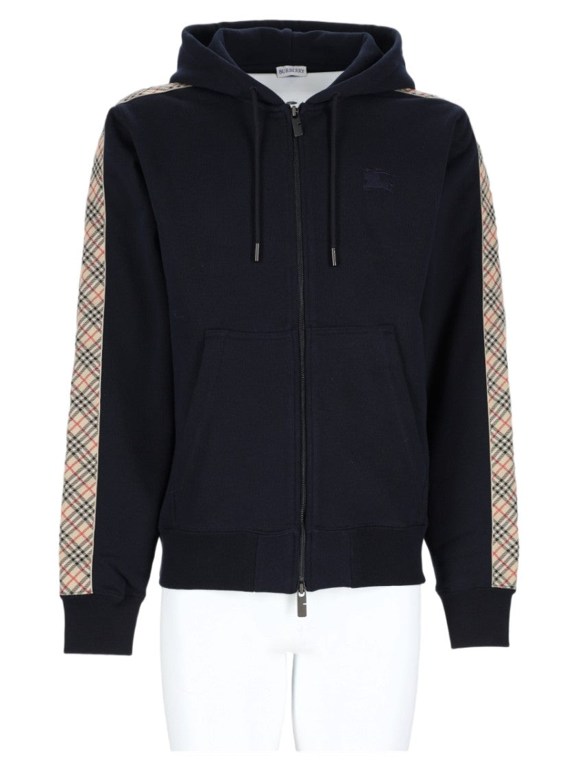 Burberry Blue Check Stripe Zip-Up Cotton Hoodie