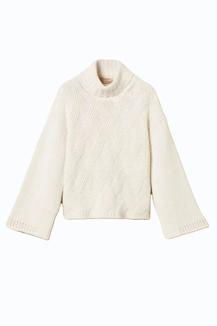 Twin-Set Cream Wide-Sleeve Roll-Neck Wool-Blend Sweater