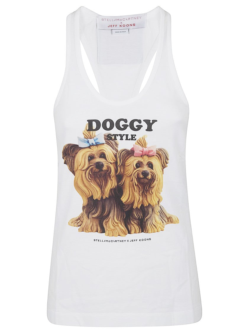 Stella Mccartney White Sleeveless Racerback Tank Top With Playful Dog Graphic