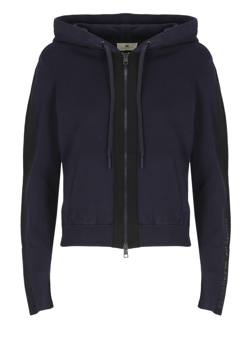 Elisabetta Franchi Blue Embossed Logo Hooded Cotton-Blend Sweatshirt