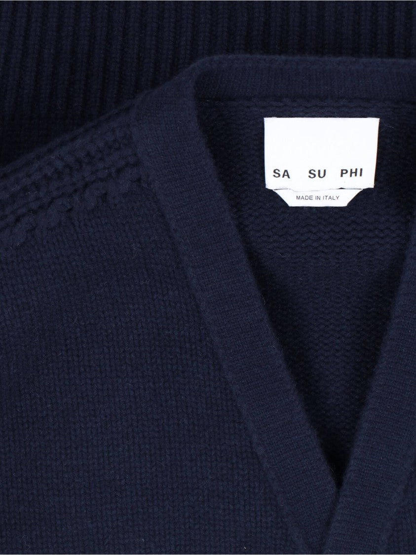 Sa Su Phi Navy Blue Knitted Cardigan With V-Neckline And Button-Down Front