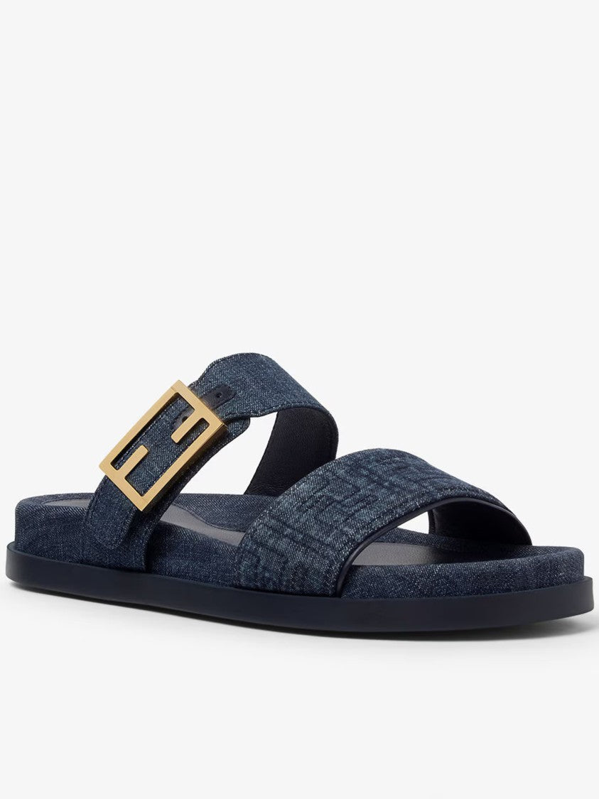 Fendi Feel Denim Wide Strap Gold Buckle Sandals