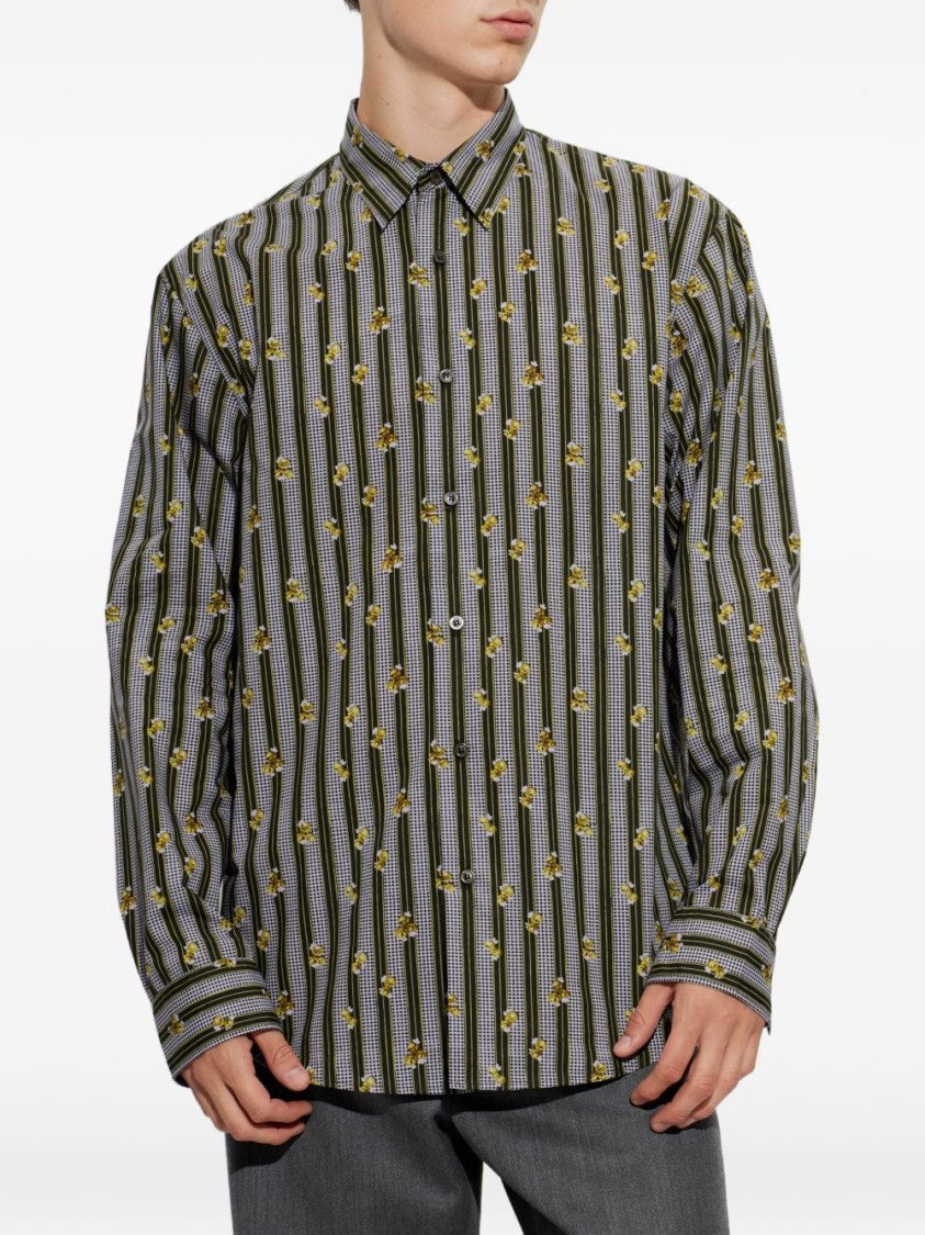 Dries Van Noten Vertical Striped Casual Shirt With Floral Accents