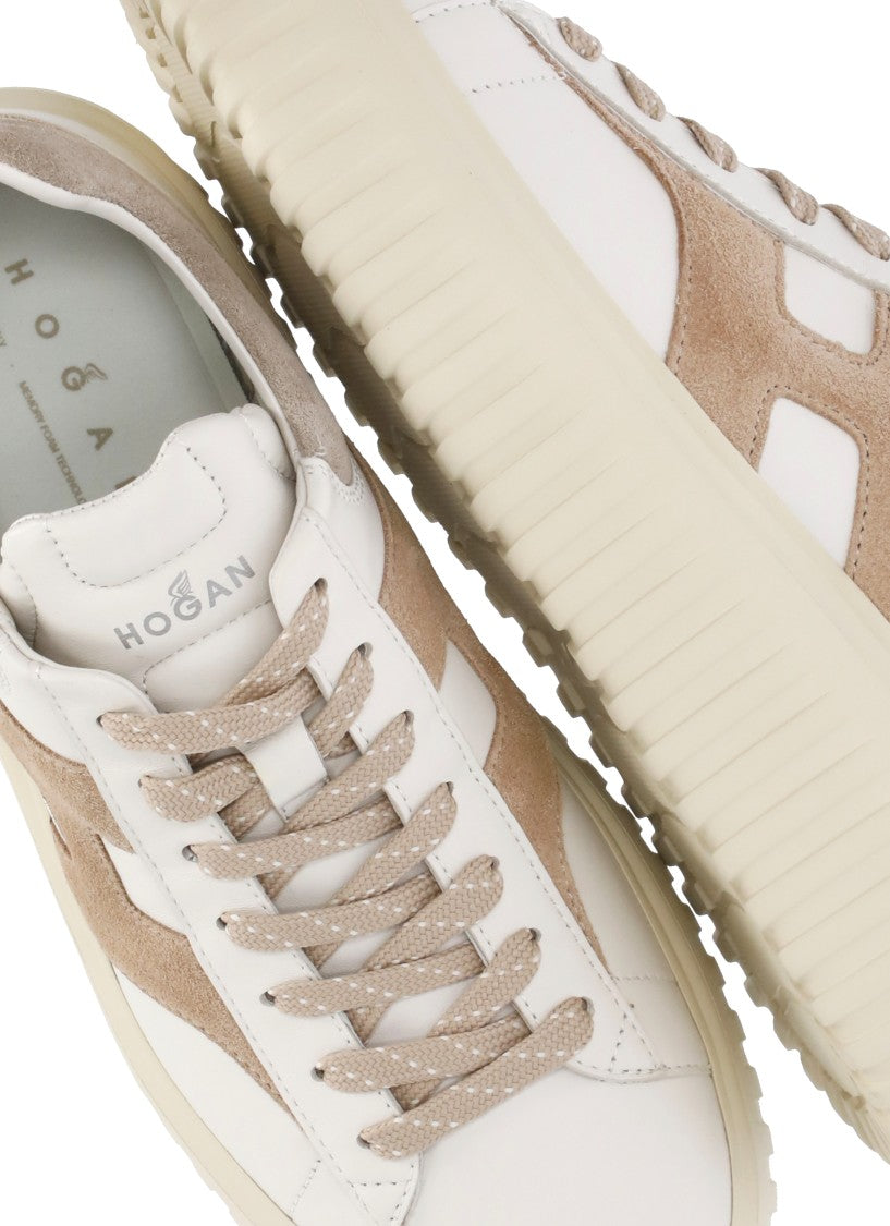 Hogan Ivory Smooth Leather Sneakers With Beige Suede Accents