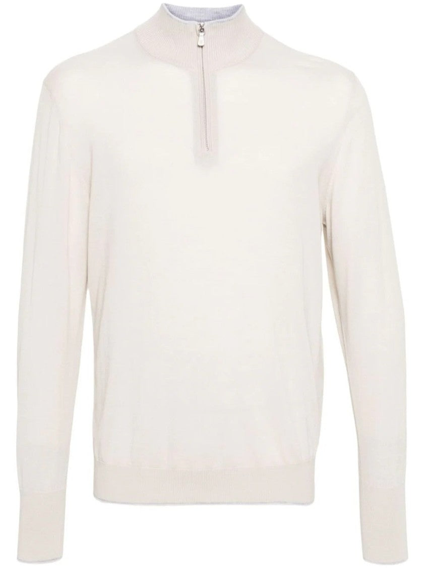Eleventy Beige Half-Zip Sweater With Ribbed Cuffs