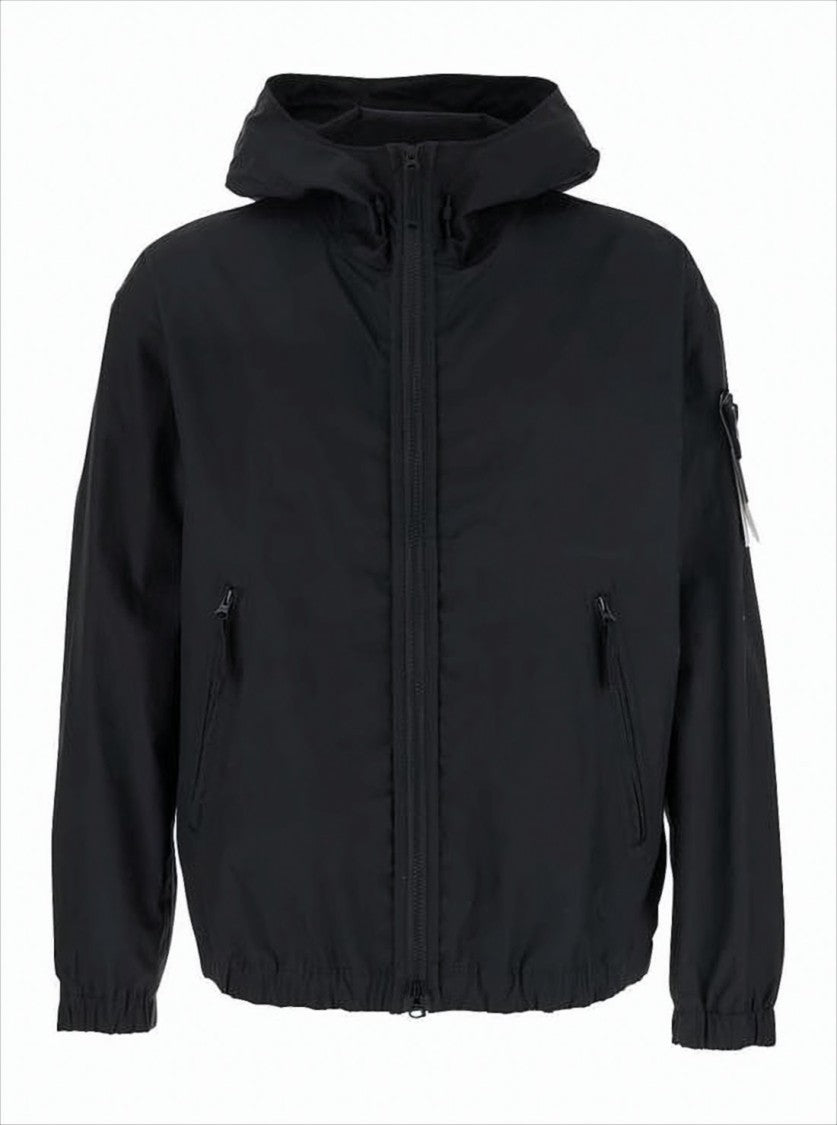 Stone Island Hooded Black Canvas Jacket With Zippered Details