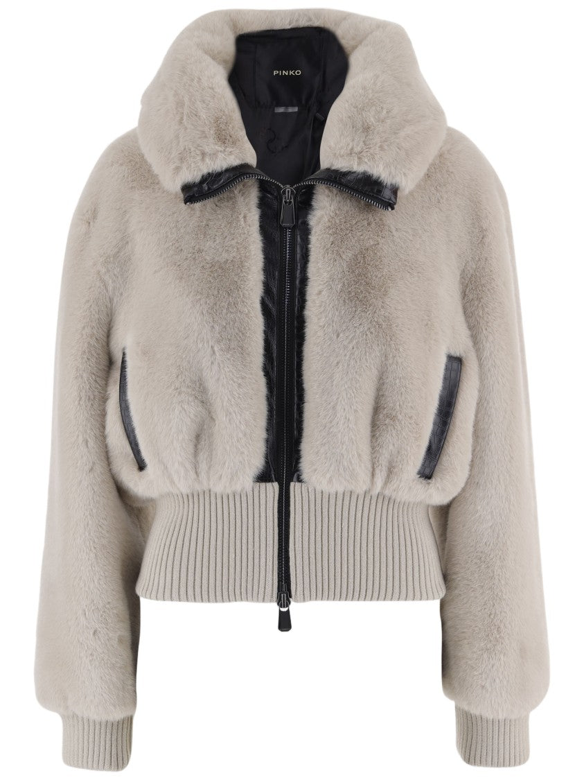 Pinko Cropped Faux Fur Coat With High Collar And Ribbed Details