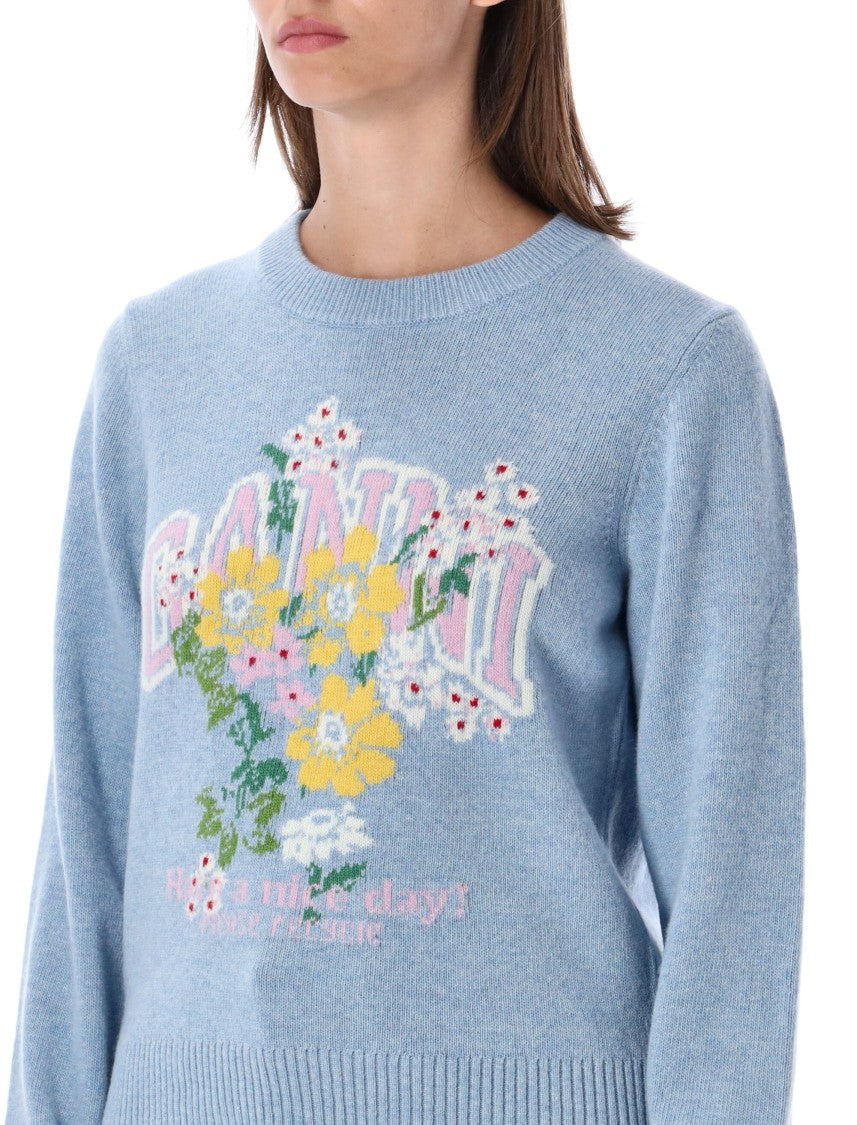 Ganni Playful Floral Graphic Wool Sweater With Ribbed Details