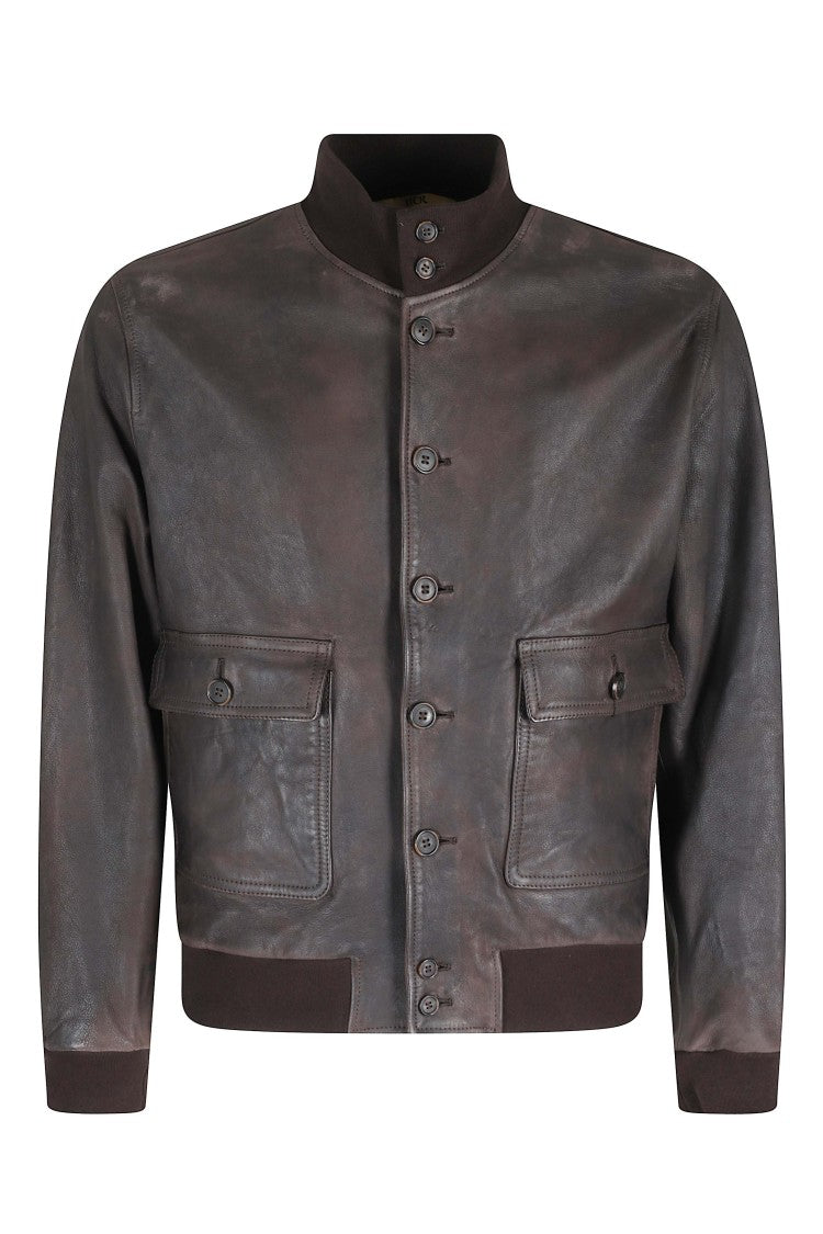Hcr Dark Brown Vintage-Effect Ribbed Trim Leather Jacket