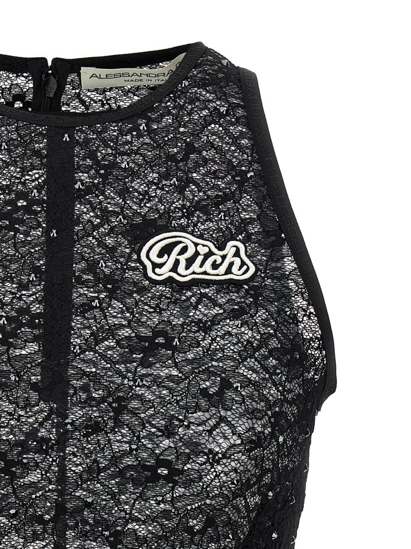 Alessandra Rich Rhinestone Appliqué Lace Top With Crew Neck