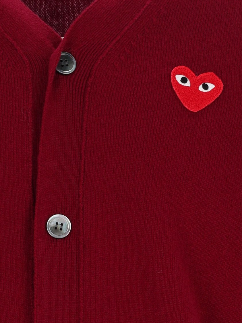 Comme Des Garçons Burgundy V-Neck Iconic Heart Wool Cardigan