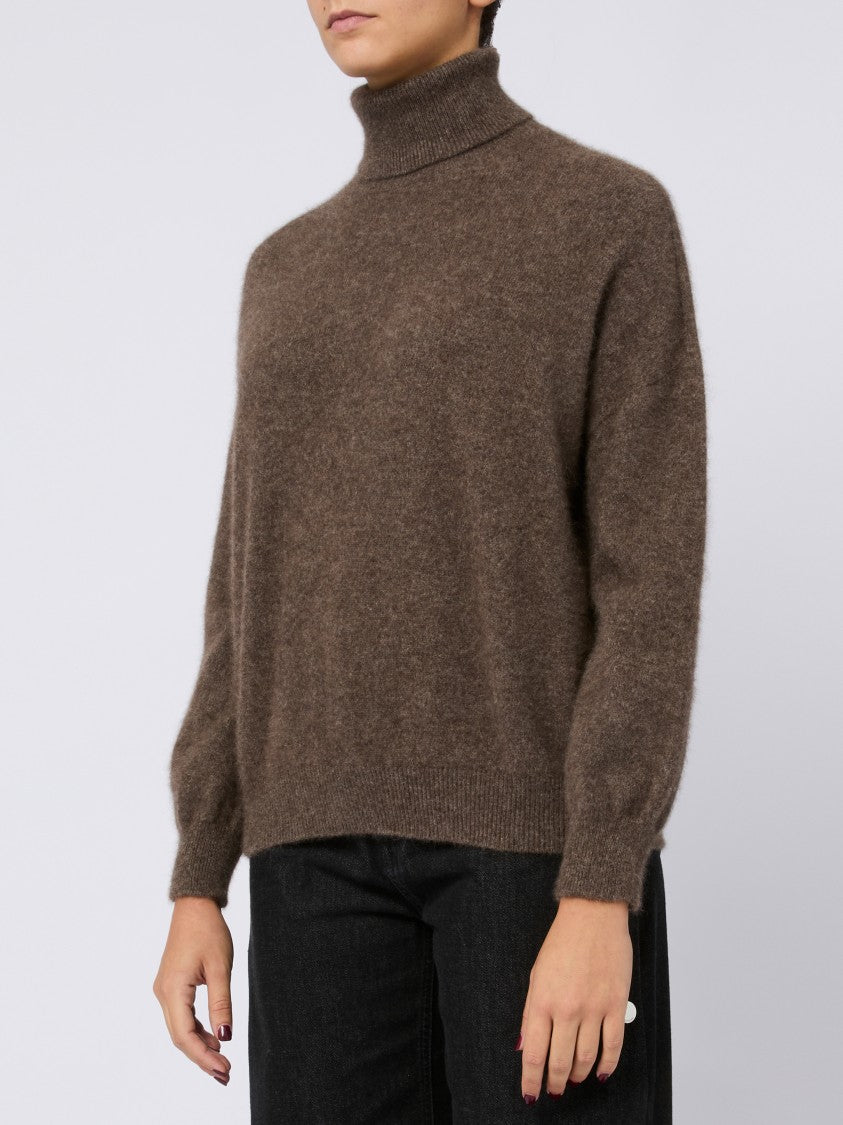 Vanisé High Turtleneck Brown Sweater With Puff Sleeves And Ribbed Hem