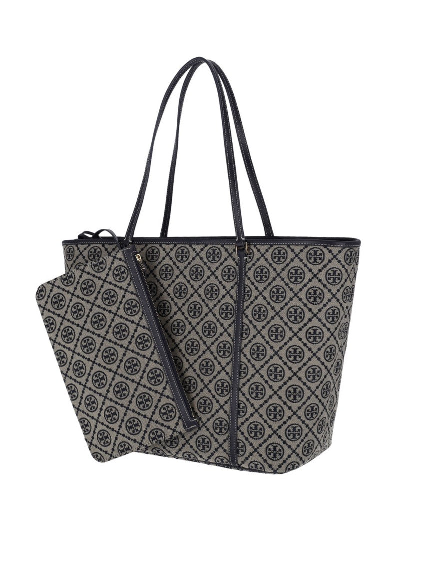 Tory Burch T Monogram Beige Blue Jacquard Large Tote Bag